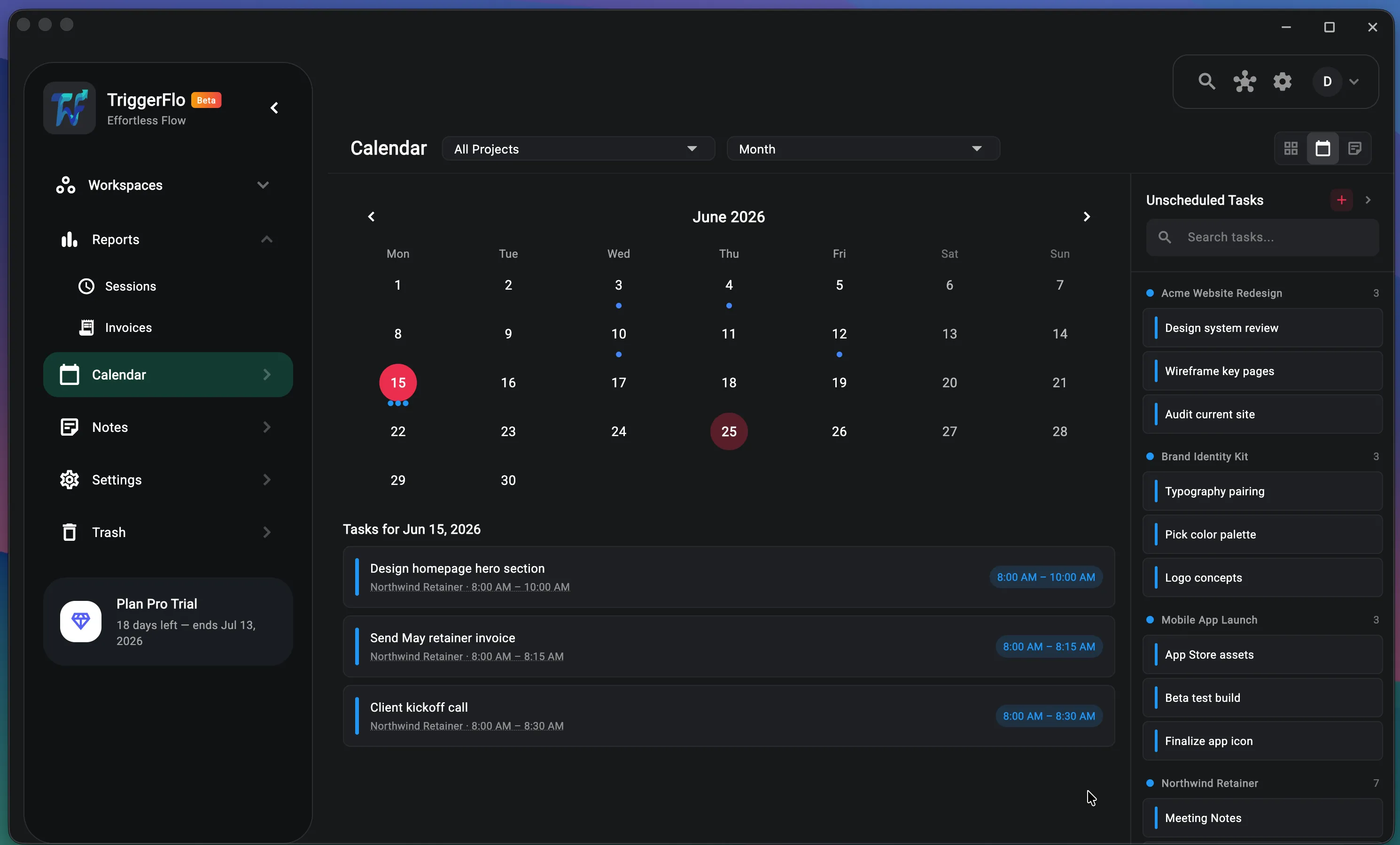 TriggerFlo calendar in month view with scheduled tasks on June 15 and a side panel of unscheduled tasks grouped by project.