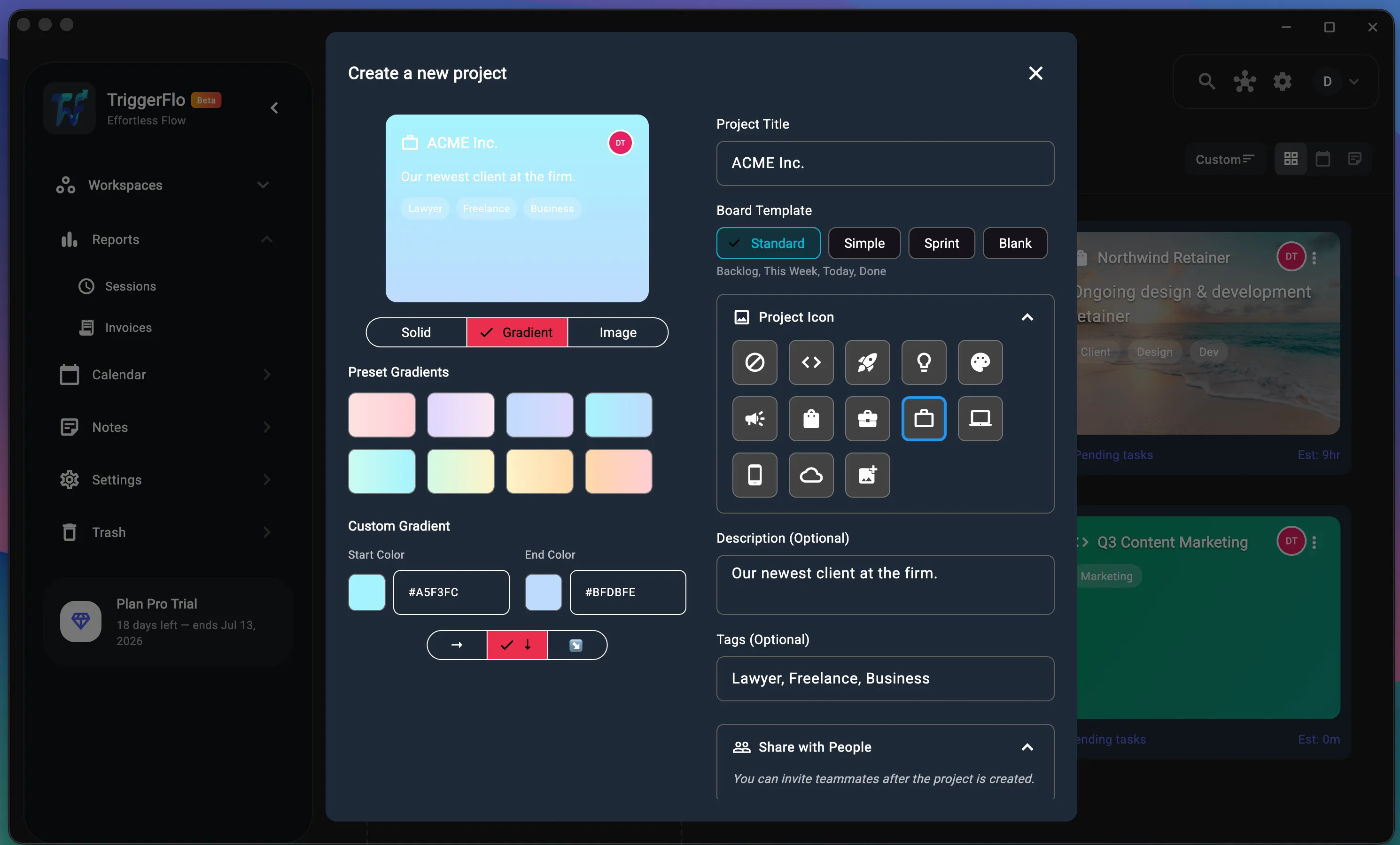 TriggerFlo new-project dialog with gradient color pickers, project icon choices, board templates, tags, and sharing options.