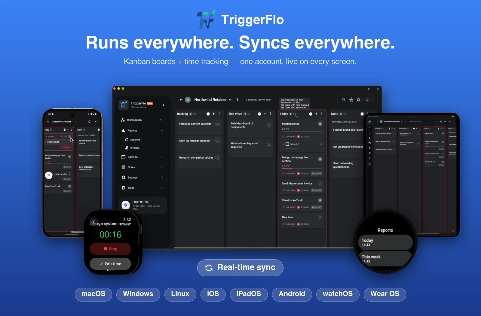 TriggerFlo running on a desktop, phone, tablet, Apple Watch, and Wear OS watch, all showing the same synced project.
