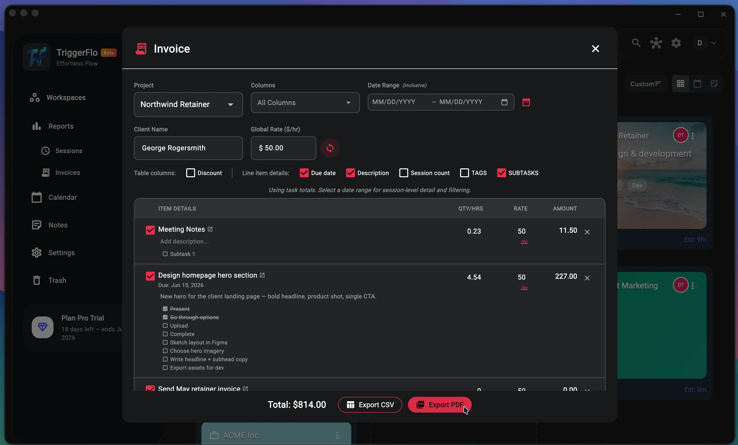 TriggerFlo invoice builder listing tracked tasks with hours, rates, and amounts, totaling $814.00, with PDF and CSV export buttons.