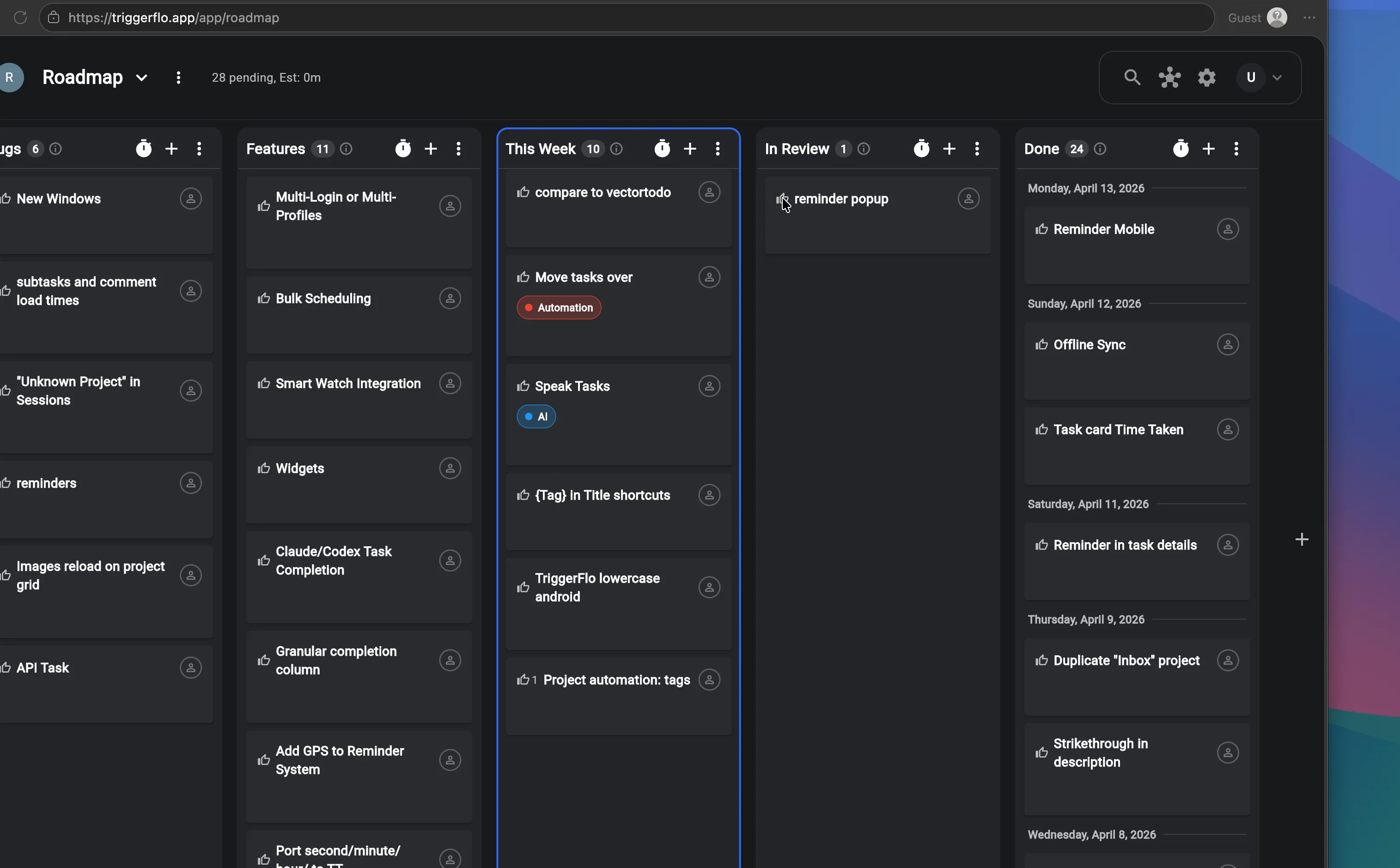 The public TriggerFlo roadmap board viewed in a browser as a guest, with upvote buttons on feature cards across Bugs, Features, This Week, In Review, and Done columns.