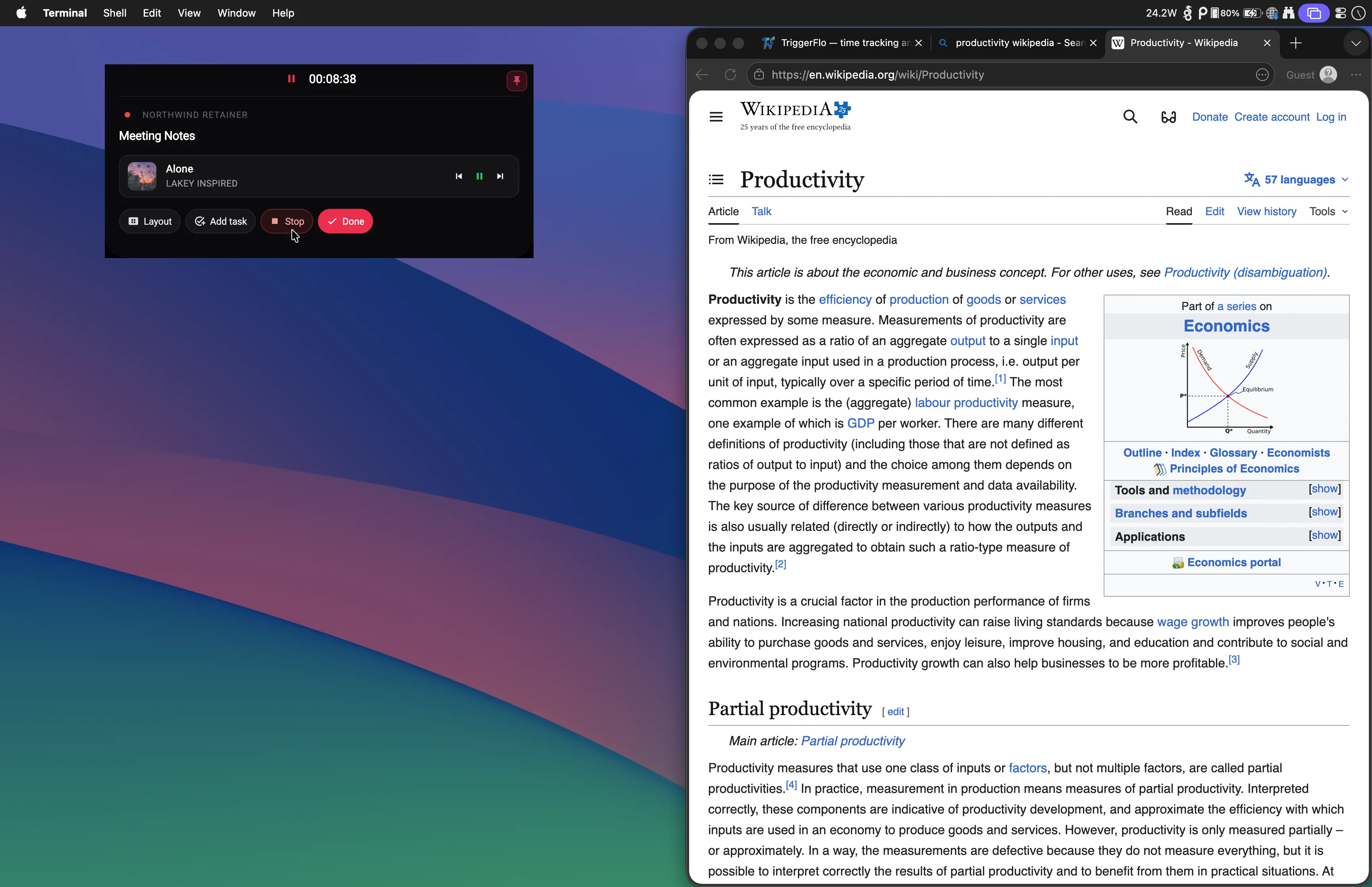 The TriggerFlo floating timer pinned above a browser window, tracking the task “Meeting Notes” with Spotify playback controls, while the user reads an article.
