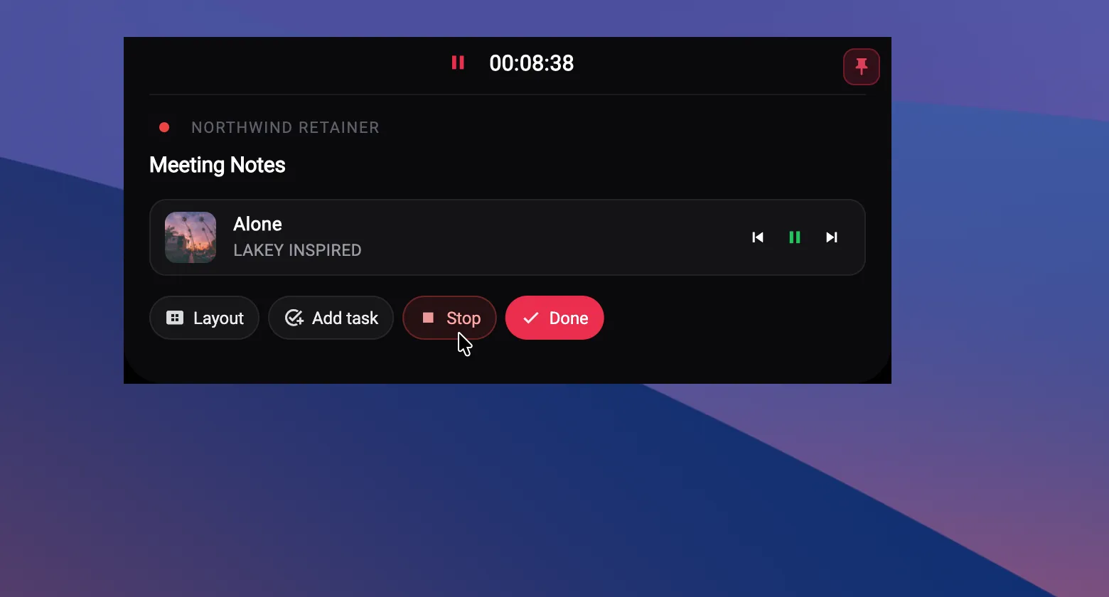 TriggerFlo floating timer showing a running task with Spotify playback controls for the track “Alone” by LAKEY INSPIRED.