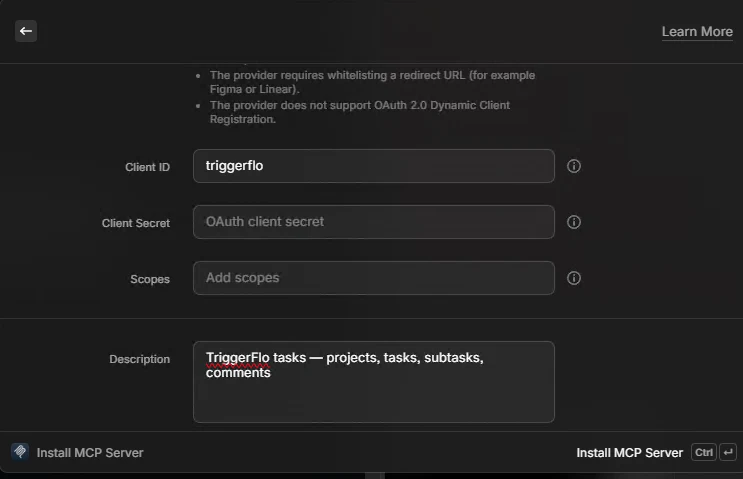 The lower half of the same Raycast form, showing Client Secret and Scopes left empty and a Description reading 'TriggerFlo tasks — projects, tasks, subtasks, comments'.