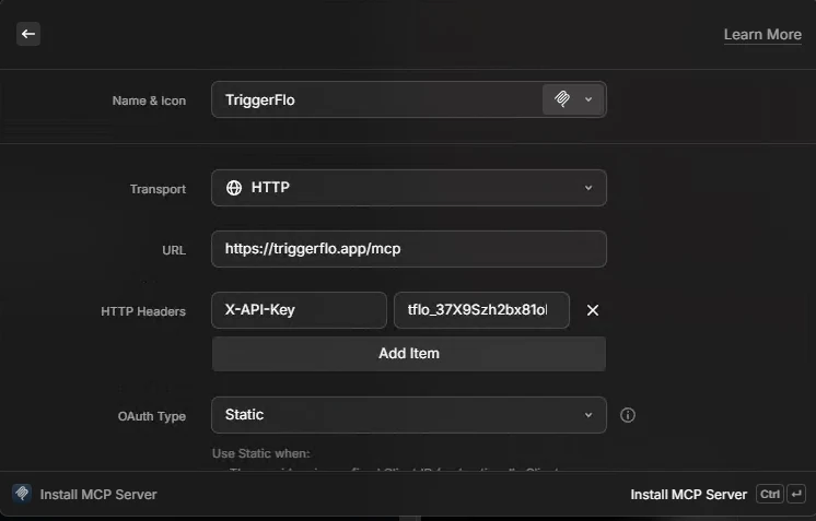 Raycast's Install MCP Server form filled in for TriggerFlo: Transport set to HTTP, URL set to https://triggerflo.app/mcp, and one HTTP header named X-API-Key.